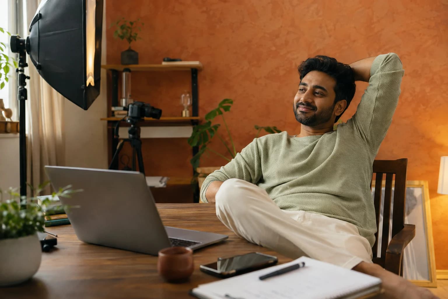 A creator relaxing at his desk while Linkar answers his Instagram comments and DMs